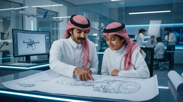 مهندسون عرب يدرسون مخطط توربين ميكانيكي في مختبر حديث