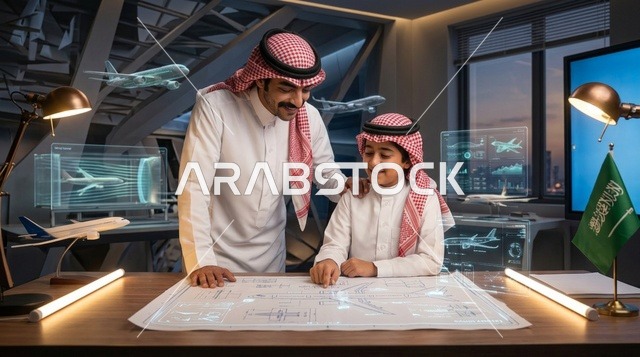 أب سعودي وابنه يدرسان مخططات الطيران في المكتب