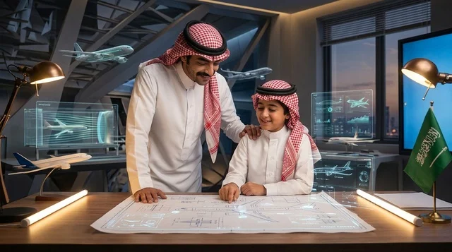أب سعودي وابنه يدرسان مخططات الطيران في المكتب