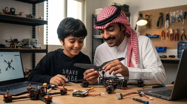 Saudi Father and Son Building Drone in Workshop
