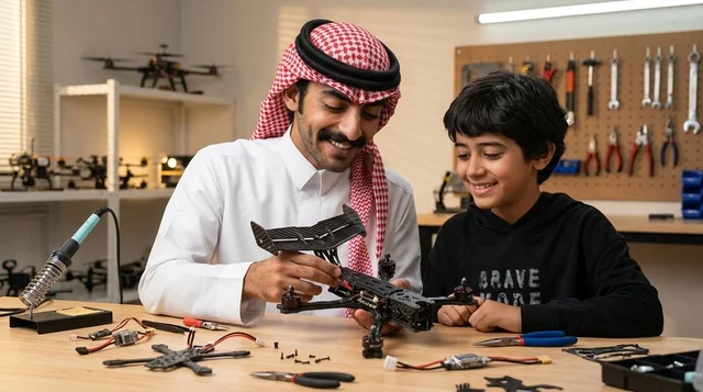 أب سعودي مع ابنه يجمعان طائرة بدون طيار في ورشة العمل