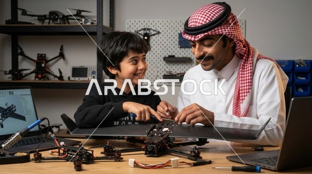 أب سعودي وابنه يجمعان طائرة درون في الورشة