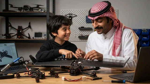 Saudi Father and Son Assembling Drone in Workshop