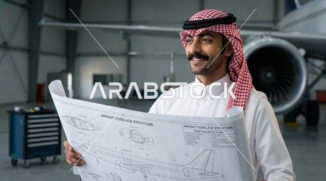 مهندس طيران سعودي يحمل مخططاً فنيًا داخل حظيرة الطائرات