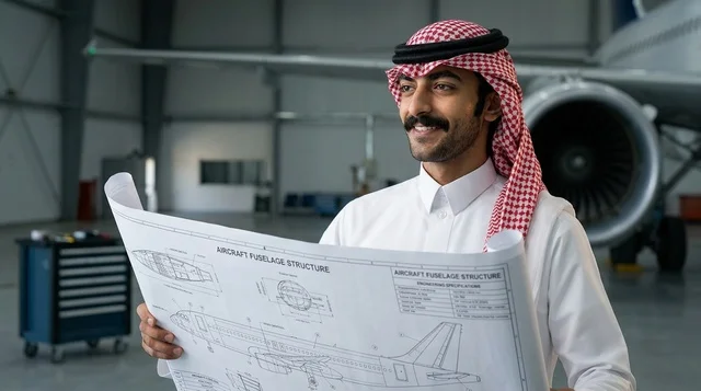مهندس طيران سعودي يحمل مخططاً فنيًا داخل حظيرة الطائرات
