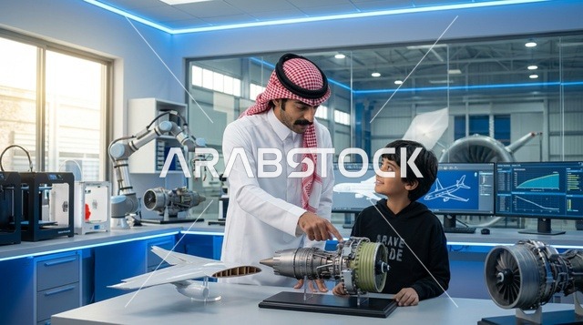 Saudi Engineer Teaching Young Student in Aerospace Lab
