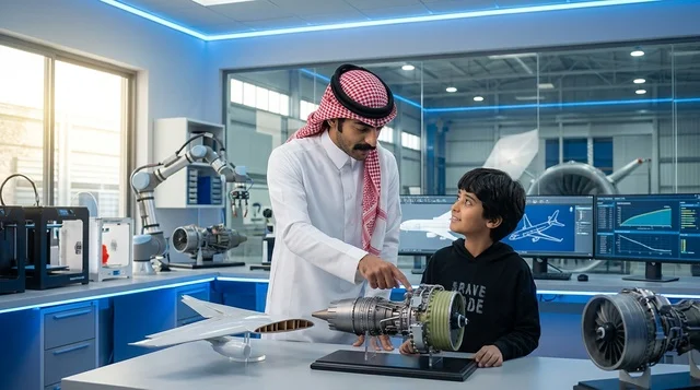 Saudi Engineer Teaching Young Student in Aerospace Lab