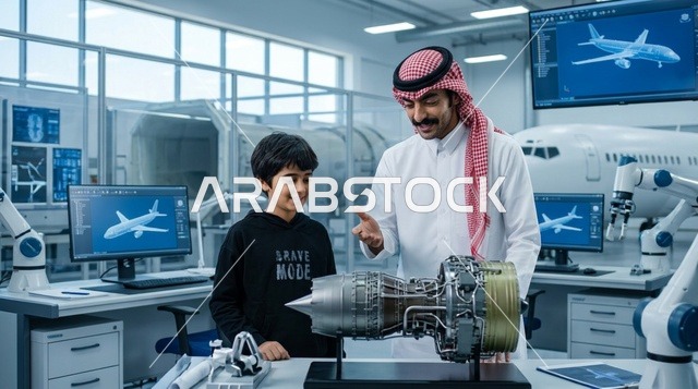 مهندس سعودي يشرح نموذج محرك نفاث لطفل في المختبر