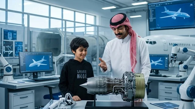 مهندس سعودي يشرح نموذج محرك نفاث لطفل في المختبر