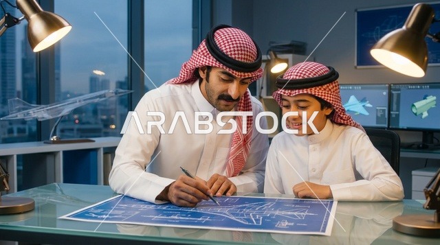 مهندس سعودي يعلم طفلاً تصميم الطائرات بالمكتب