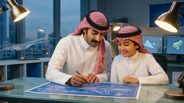 مهندس سعودي يعلم طفلاً تصميم الطائرات بالمكتب