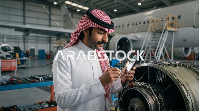 مهندس طيران سعودي يقوم بصيانة محرك طائرة نفاثة
