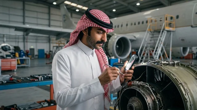 مهندس طيران سعودي يقوم بصيانة محرك طائرة نفاثة