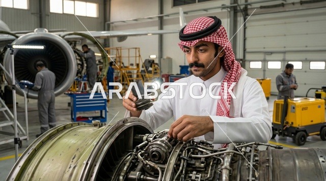 مهندس طيران سعودي يفحص محرك طائرة داخل حظيرة الصيانة