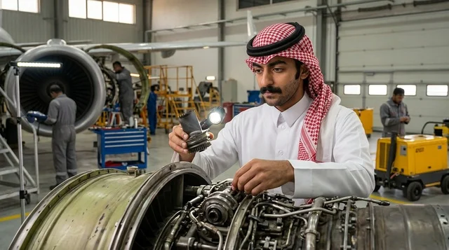 مهندس طيران سعودي يفحص محرك طائرة داخل حظيرة الصيانة
