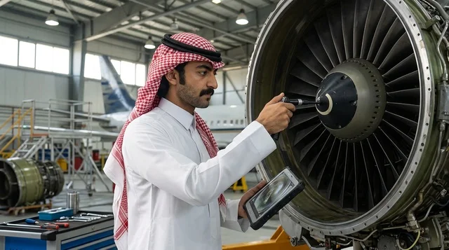 مهندس طيران سعودي يفحص محرك طائرة في ورشة الصيانة