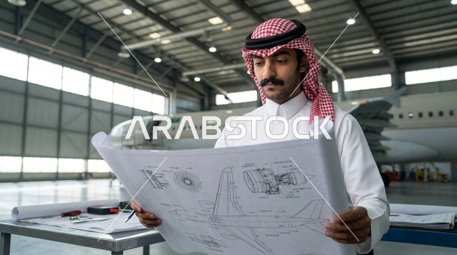 مهندس طيران سعودي يراجع مخطط الطائرة في الحظيرة