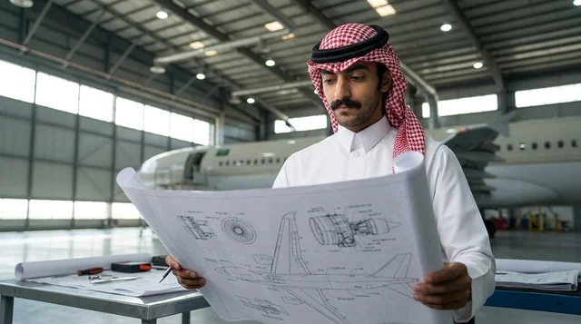 مهندس طيران سعودي يراجع مخطط الطائرة في الحظيرة