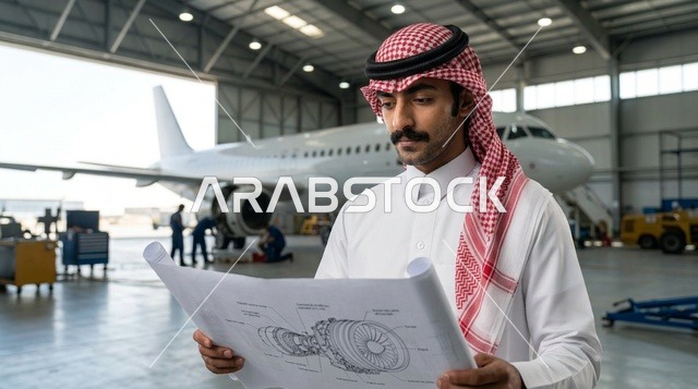 مهندس طيران عربي يراجع مخطط صيانة الطائرات بالحظيرة