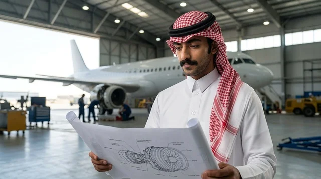 مهندس طيران عربي يراجع مخطط صيانة الطائرات بالحظيرة