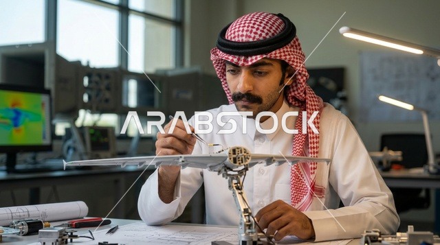 مهندس طيران سعودي يجمع نموذج طائرة في مختبر أبحاث