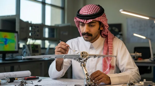 مهندس طيران سعودي يجمع نموذج طائرة في مختبر أبحاث