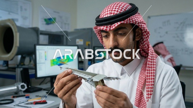مهندس طيران سعودي يفحص نموذج جناح طائرة في المختبر