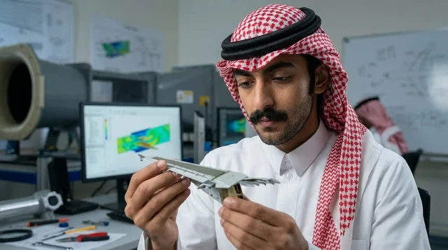 مهندس طيران سعودي يفحص نموذج جناح طائرة في المختبر