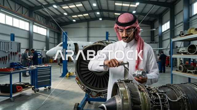 مهندس طيران سعودي يفحص محرك طائرة داخل الحظيرة