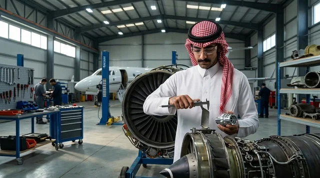 مهندس طيران سعودي يفحص محرك طائرة داخل الحظيرة