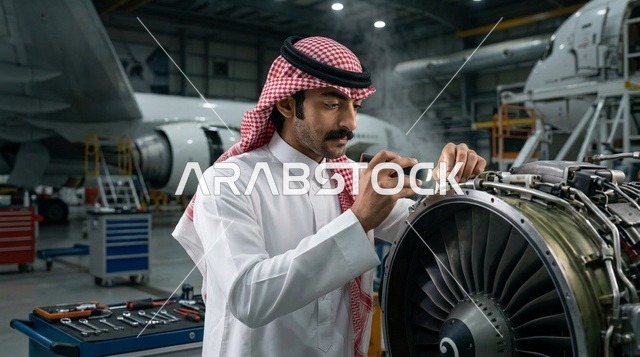مهندس طيران سعودي مع جهاز لوحي في حظيرة الطائرات