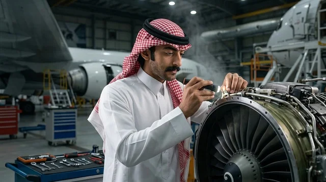 مهندس طيران سعودي مع جهاز لوحي في حظيرة الطائرات