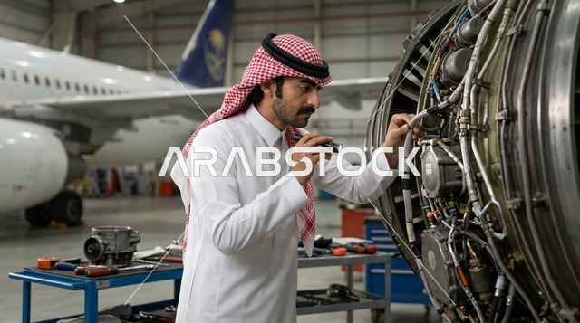 مهندس طيران سعودي بالزي التقليدي يفحص محرك طائرة