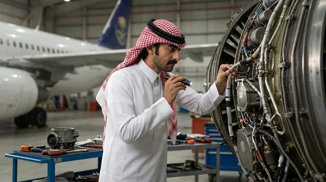 Saudi Aircraft Engineer Inspecting Jet Engine in Hangar