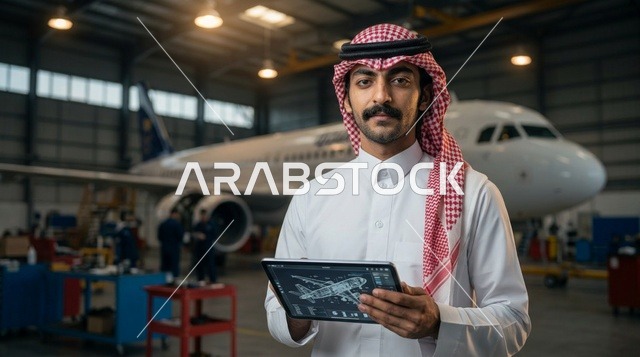 مهندس طيران سعودي يحمل جهاز لوحي في حظيرة طائرات