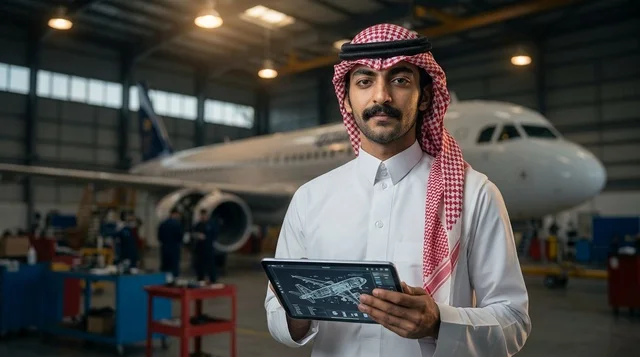 مهندس طيران سعودي يحمل جهاز لوحي في حظيرة طائرات