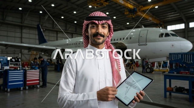 مهندس طيران سعودي في حظيرة الطائرات ممسكا بجهاز لوحي