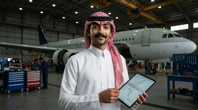 Saudi Aerospace Engineer in Aircraft Hangar with Tablet