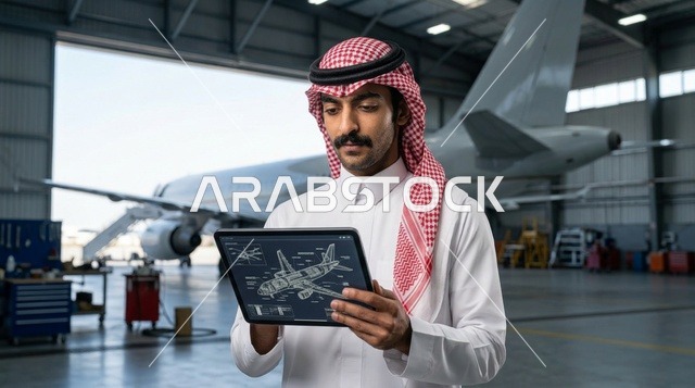 مهندس سعودي مع جهاز لوحي في حظيرة الطائرات