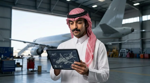 مهندس سعودي مع جهاز لوحي في حظيرة الطائرات