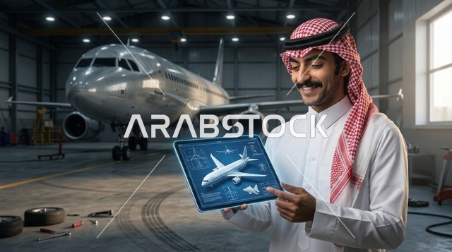 مهندس طيران سعودي يحمل جهازا لوحيا في حظيرة طائرات