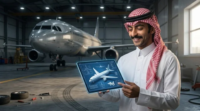 مهندس طيران سعودي يحمل جهازا لوحيا في حظيرة طائرات