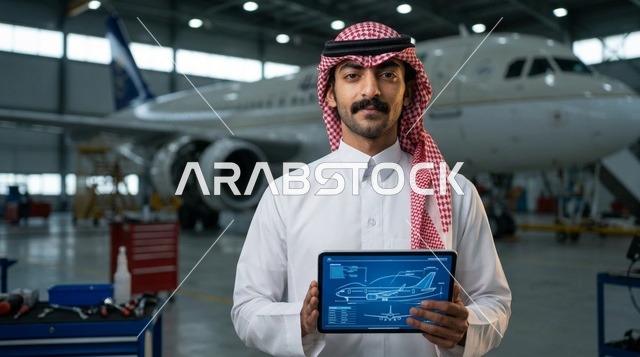 مهندس طيران سعودي يحمل جهازا لوحيا في حظيرة طائرات