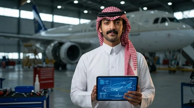 مهندس طيران سعودي يحمل جهازا لوحيا في حظيرة طائرات