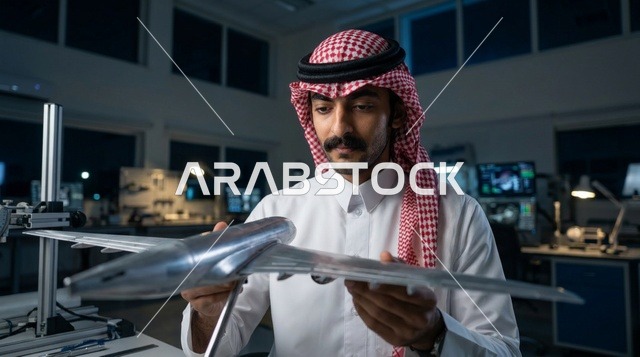 مهندس طيران سعودي يتفحص نموذج طائرة في المختبر الحديث