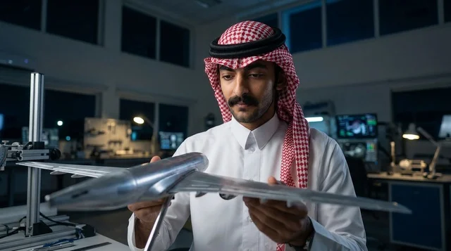 Saudi Aerospace Engineer Inspects Airplane Model in Lab