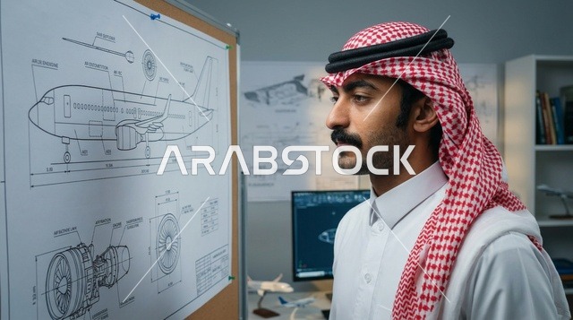 مهندس طيران سعودي يدرس مخططات تصميم الطائرات في المكتب