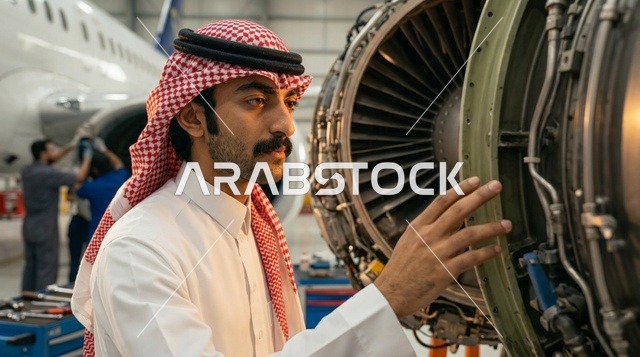 مهندس طيران سعودي يفحص محرك طائرة نفاثة بالحظيرة