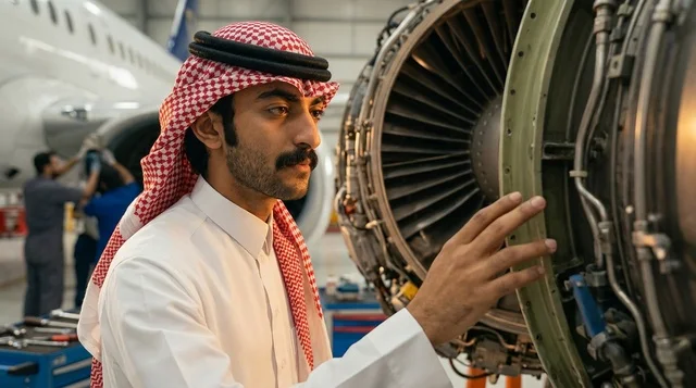 مهندس طيران سعودي يفحص محرك طائرة نفاثة بالحظيرة