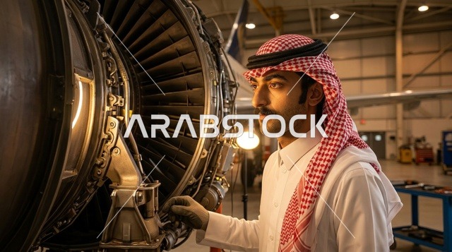مهندس طيران سعودي يرتدي الزي التقليدي يفحص محرك طائرة